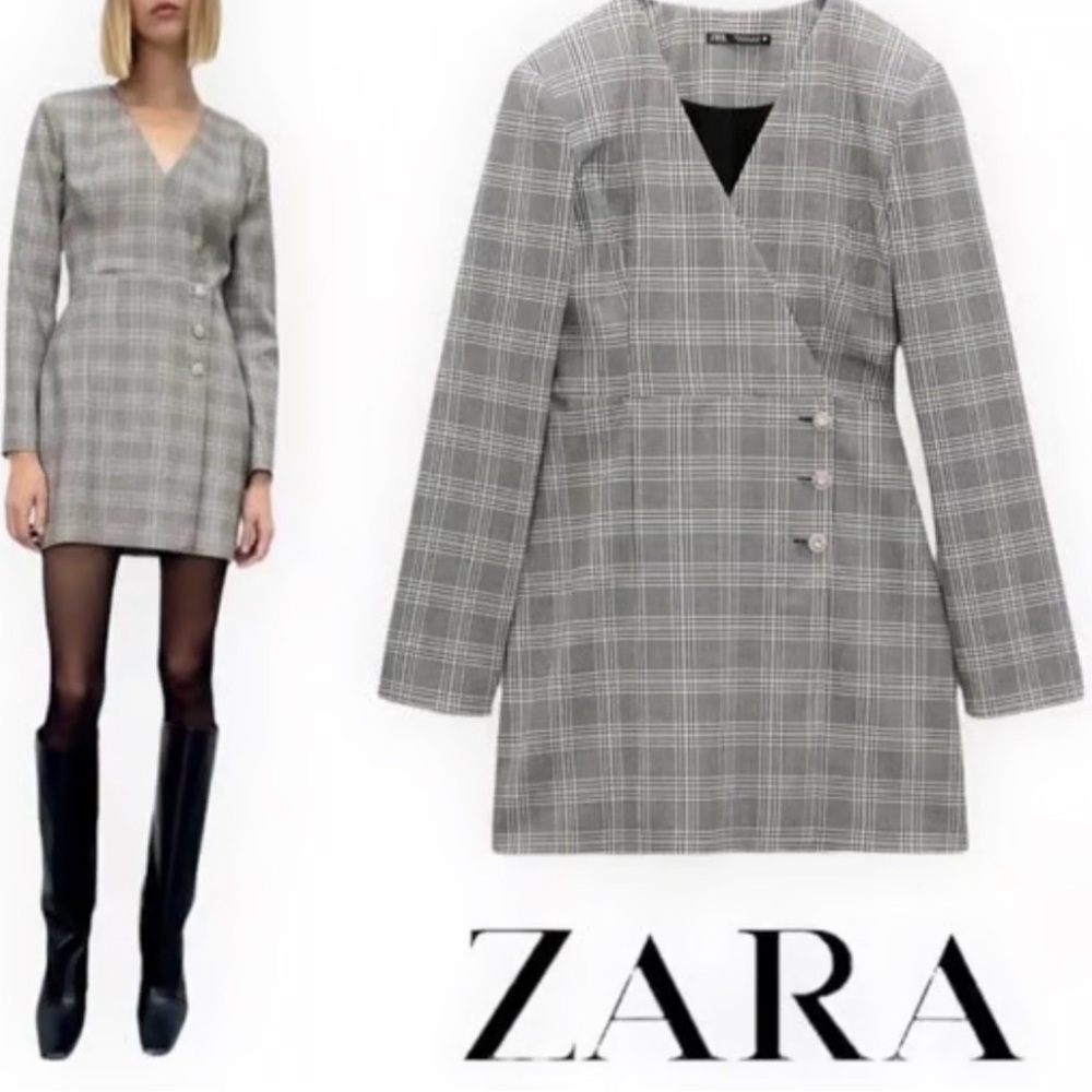 Zara Gray Plaid Wrap Mini Dress with Side Buttons